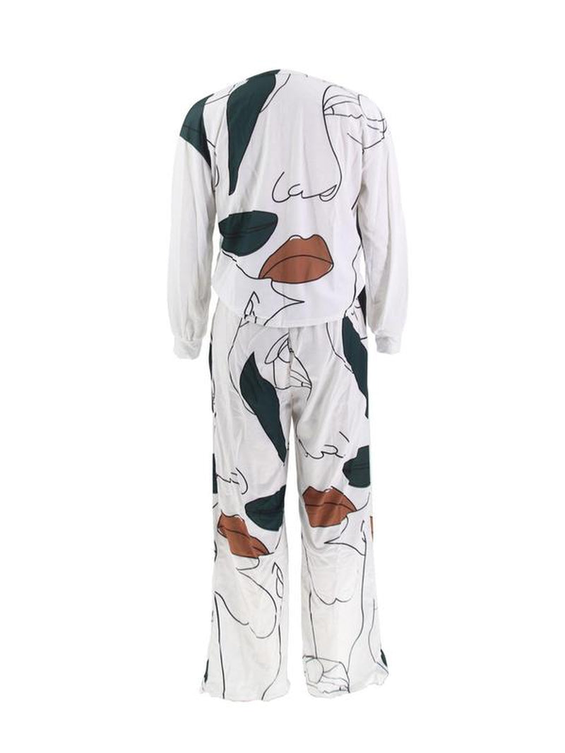 Chic Two-Piece Women's Figure Print Co-Ord Set - Casual Pullover Top & Drawstring Pocket Pants for Spring & Fall